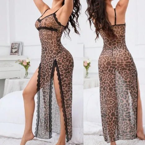 Yeardress Sexy Leopard Print Long Dress with Sheer Mesh High Slit Strap Temptation Nightgown - Zeprah
