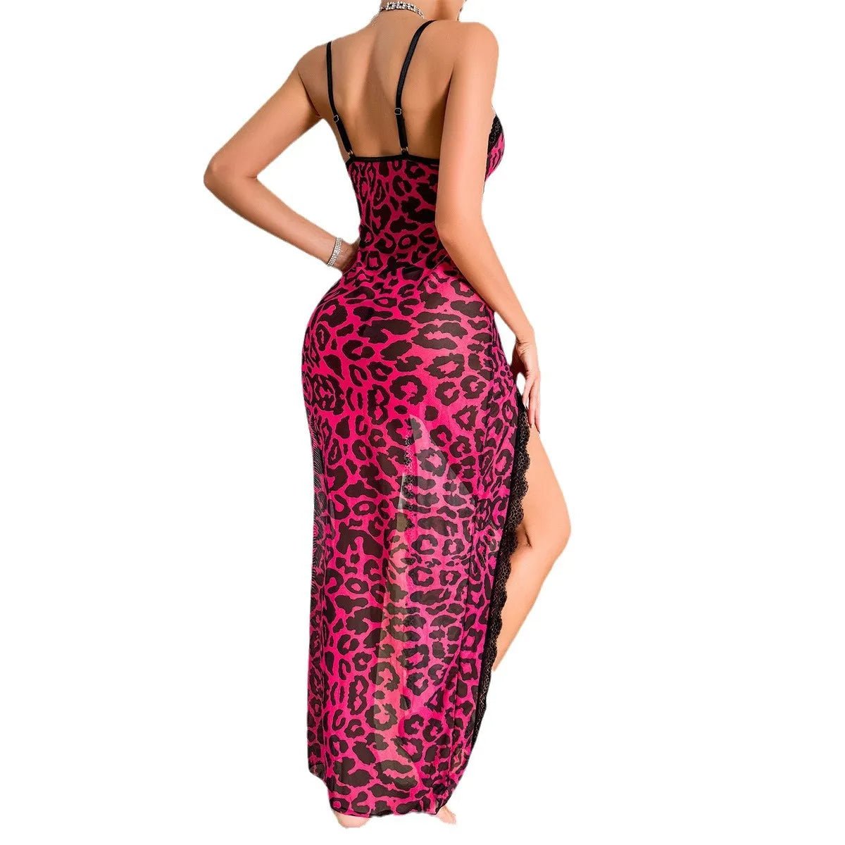 Yeardress Sexy Leopard Print Long Dress with Sheer Mesh High Slit Strap Temptation Nightgown - Zeprah