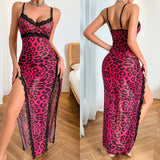 Yeardress Sexy Leopard Print Long Dress with Sheer Mesh High Slit Strap Temptation Nightgown - Zeprah