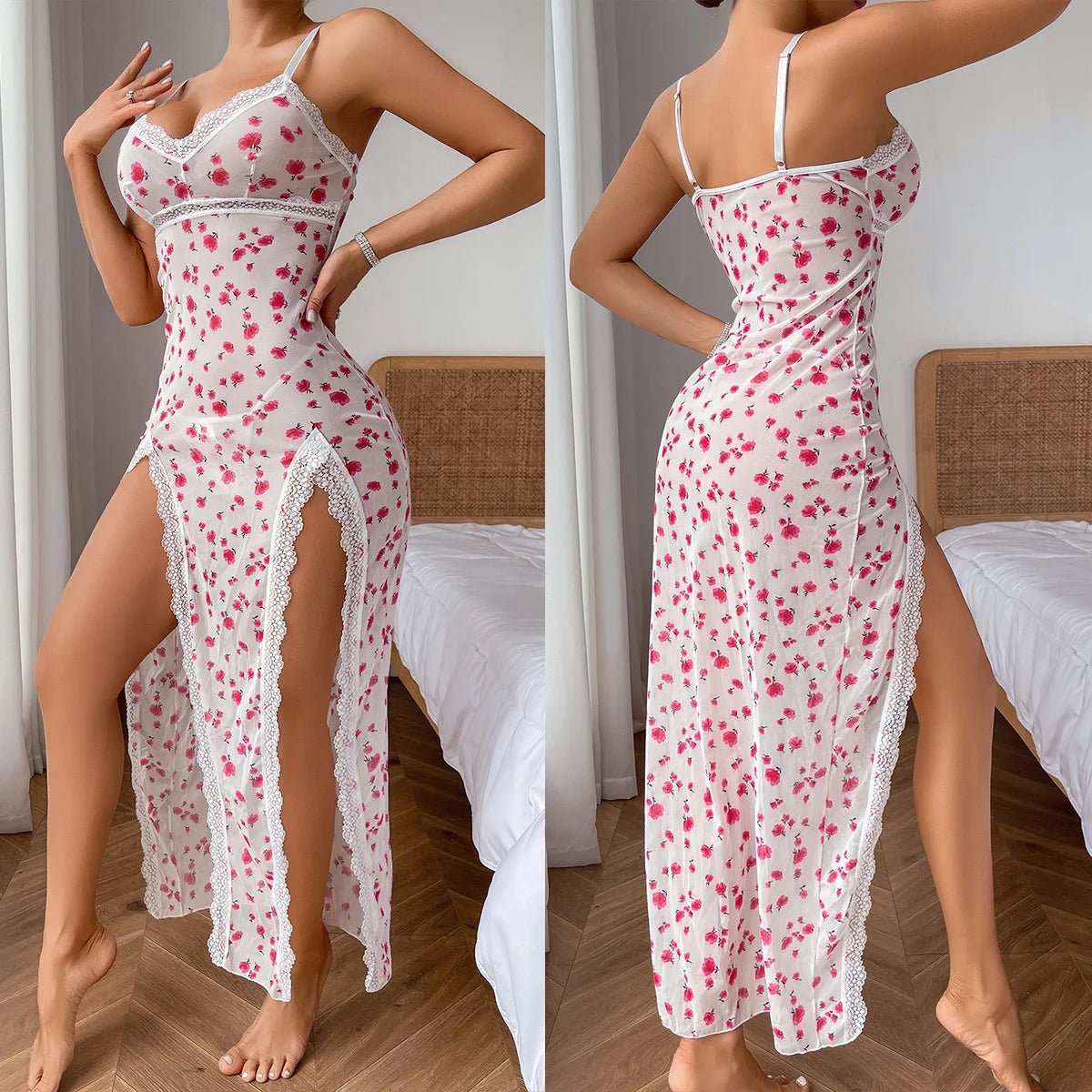 Yeardress Sexy Leopard Print Long Dress with Sheer Mesh High Slit Strap Temptation Nightgown - Zeprah