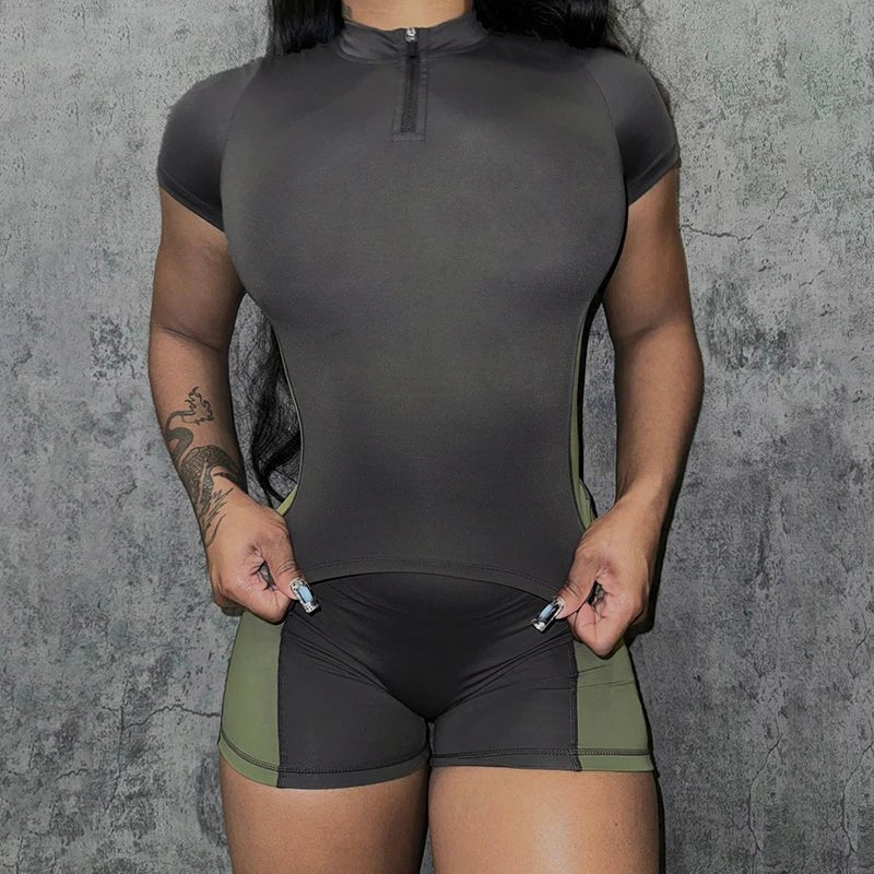 Yoga Set 2 - Piece Casual Knitted Outfit Women's High Stretch Color Block Skinny Zip Front Top Shorts Quick Dry Breathable - Zeprah