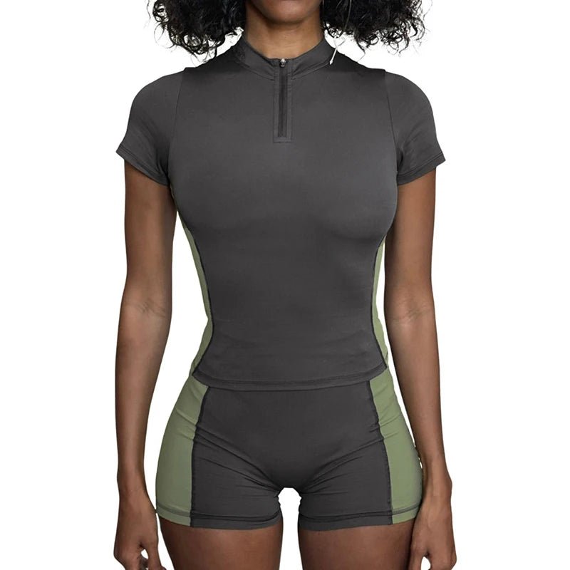 Yoga Set 2 - Piece Casual Knitted Outfit Women's High Stretch Color Block Skinny Zip Front Top Shorts Quick Dry Breathable - Zeprah