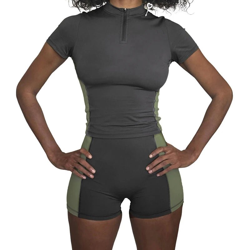 Yoga Set 2 - Piece Casual Knitted Outfit Women's High Stretch Color Block Skinny Zip Front Top Shorts Quick Dry Breathable - Zeprah