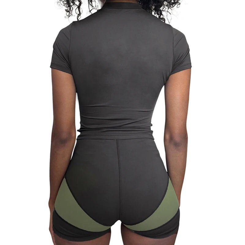 Yoga Set 2 - Piece Casual Knitted Outfit Women's High Stretch Color Block Skinny Zip Front Top Shorts Quick Dry Breathable - Zeprah