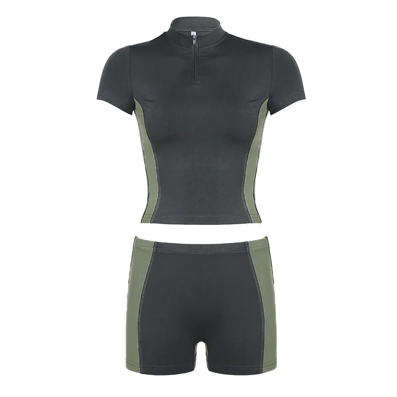 Yoga Set 2 - Piece Casual Knitted Outfit Women's High Stretch Color Block Skinny Zip Front Top Shorts Quick Dry Breathable - Zeprah
