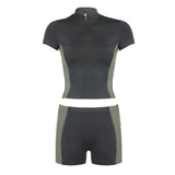 Yoga Set 2 - Piece Casual Knitted Outfit Women's High Stretch Color Block Skinny Zip Front Top Shorts Quick Dry Breathable - Zeprah