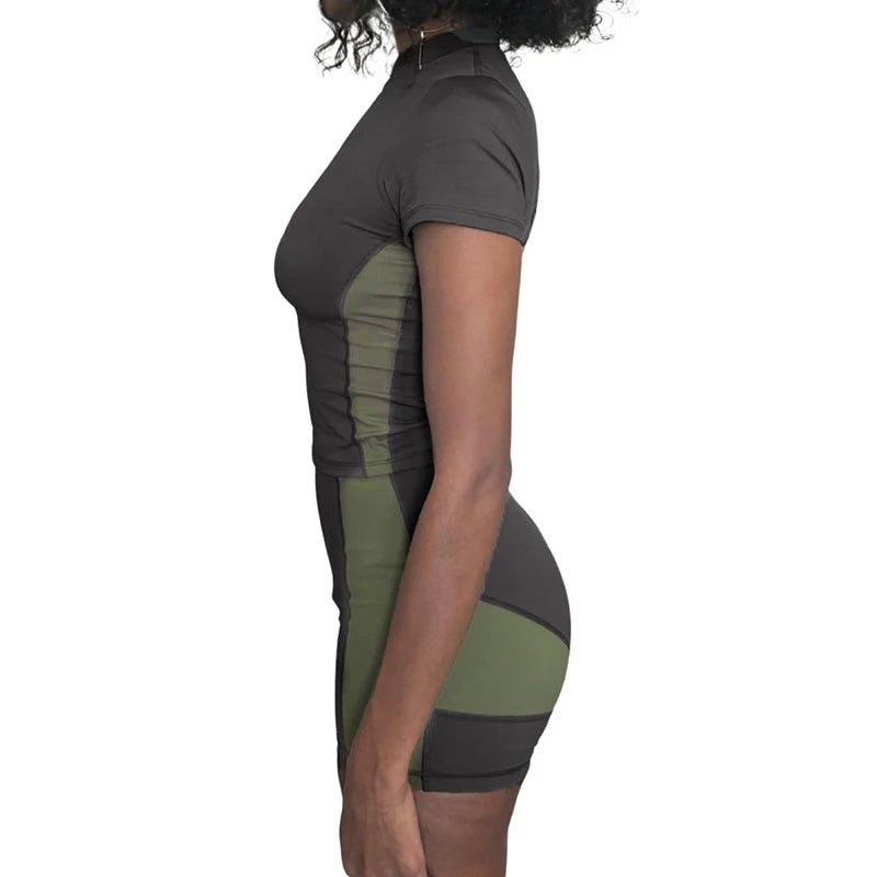 Yoga Set 2 - Piece Casual Knitted Outfit Women's High Stretch Color Block Skinny Zip Front Top Shorts Quick Dry Breathable - Zeprah